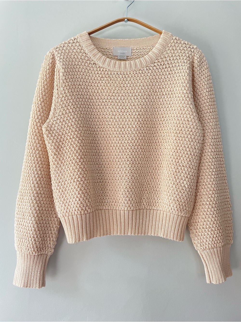 M. PATMOS Mercerized Cotton Seed Stitch Sweater M Ivory Tan Puff Sleeve Crewneck